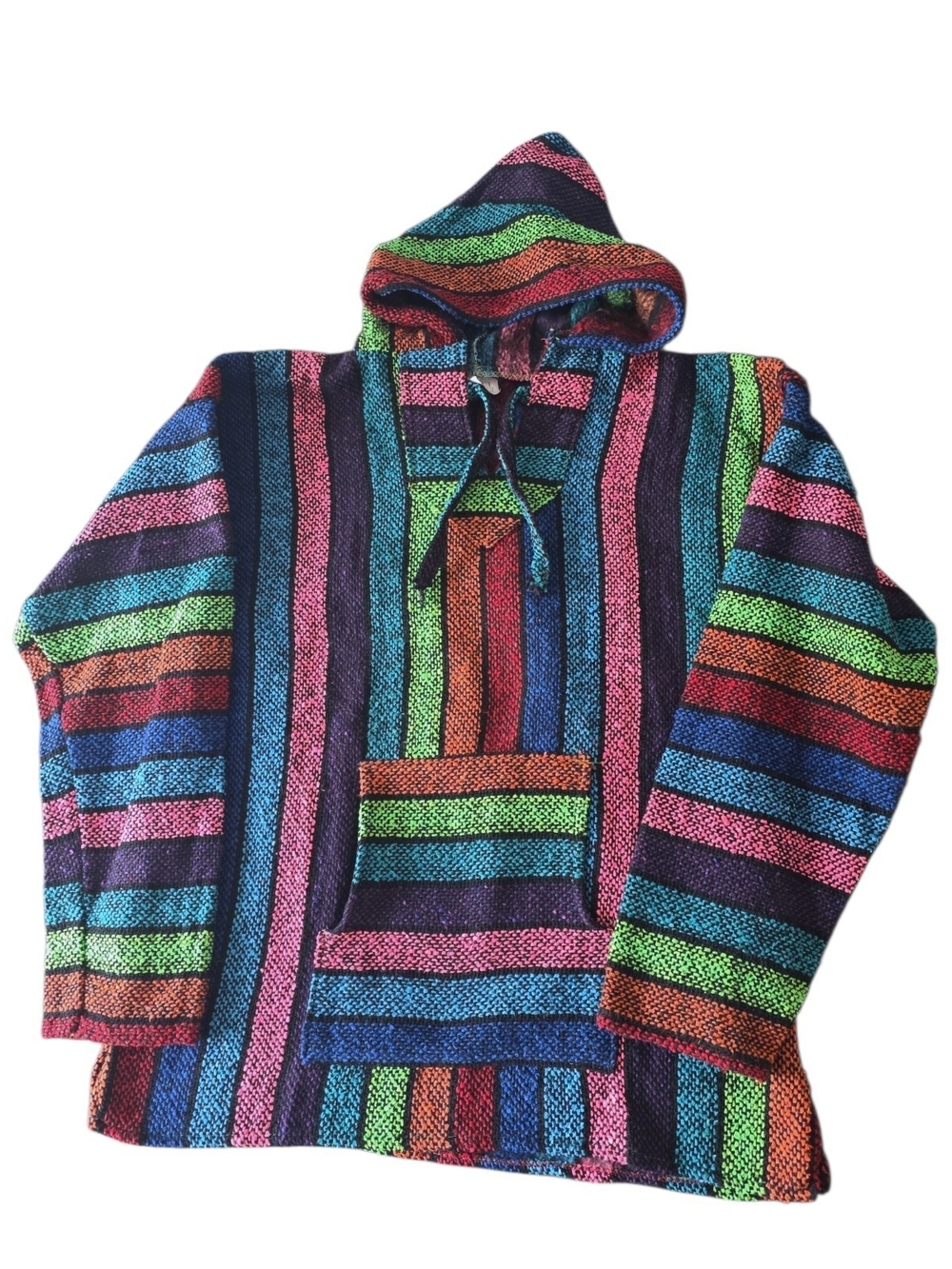 ​VTG 90s Mexican Rainbow Striped Jerga Baja Hoodie L